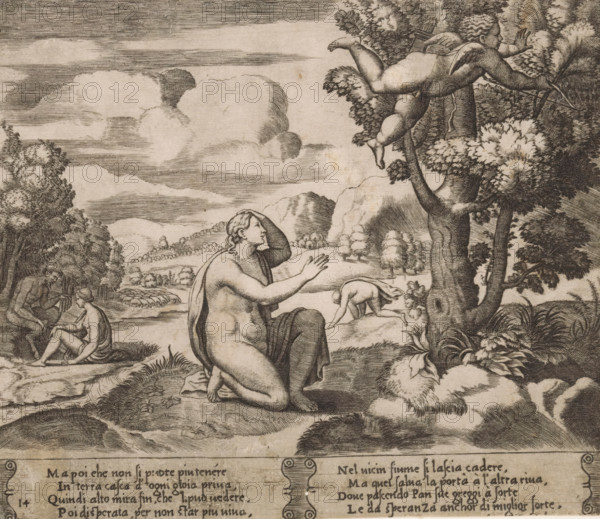Amor flees from Psyche, Story of Amor and Psyche, print, Series number, 14, 32, In a landscape, the king's daughter Psyche sits while being abandoned by her beloved Amor. In the background, Psyche attempts to throw herself into a river and is comforted by the god Pan. Italian text in two cartouches in the lower margin. Numbered twice lower left: 14., Bartsch 52-1(2), The Illustrated Bartsch 52, printmaker: Master of the Dice, Italy, after design by Michiel Coxie (I), c. 1530 - c. 1560, Master of the Dice, Michiel Coxie (I), printmaker, after design by, paper, engraving, intaglio printmaking technique, engraving with plate tone, height 195 mm x width 227 mm, A detailed engraved scene shows a kneeling nude woman draped with a cloth over one shoulder, raising one hand to her head and extending the other forward; nearby a crouched nude figure bends forward while another seated nude and a standing male figure appear to the left, one holding an object; above, a winged childlike figure with f...