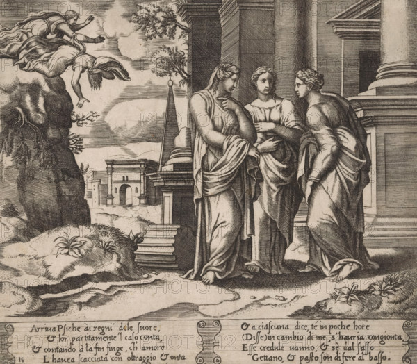 Psyche reports to her sisters, Story of Cupid and Psyche, print, Series number, 15, 32, Psyche tells her two sisters that Cupid has left her. On the left, the two sisters throwing themselves off a mountain in the hope of being taken to Cupid by Zephyrus (the personification of the west wind). Italian text in two cartouches in the lower margin. Numbered twice lower left: 15., The Illustrated Bartsch 53, Bartsch 53-1(2), printmaker: Master of the Dice, Italy, after design by Michiel Coxie (I), c. 1530 - c. 1560, paper, engraving, intaglio printmaking technique, engraving with plate tone, height 198 mm x width 228 mm, Three robed figures stand near the steps of a classical stone building with fluted columns and a carved base, two of them facing each other while the third looks toward them with an arm across the chest; their garments show flowing folds and their feet are visible on the ground. To the left a rocky cliff rises with a draped figure leaning forward from its top and an outstret...