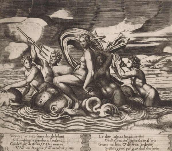 Venus receives news from a bird, Story of Cupid and Psyche, print, Series number, 16, 32, A bird tells Venus that her son Cupid is ill because of his love for the king's daughter Psyche. Italian text in two cartouches in the lower margin. Numbered twice lower left: 16., printmaker: Master of the Dice, Italy, after design by Michiel Coxie (I), c. 1530 - c. 1560, Master of the Dice, Michiel Coxie (I), printmaker, after design by, paper, engraving, intaglio printmaking technique, engraving with plate tone, height 200 mm x width 225 mm, A monochrome engraving shows a group of partially nude figures seated on large sea creatures in choppy water under a clouded sky; a central female figure faces forward with draped cloth billowing behind her, a bearded male beside her raises a trident, and other figures surround them with one blowing a conch shell; the sea creatures have visible heads and swirling tails, and the composition features closely spaced linework for shading and waves.