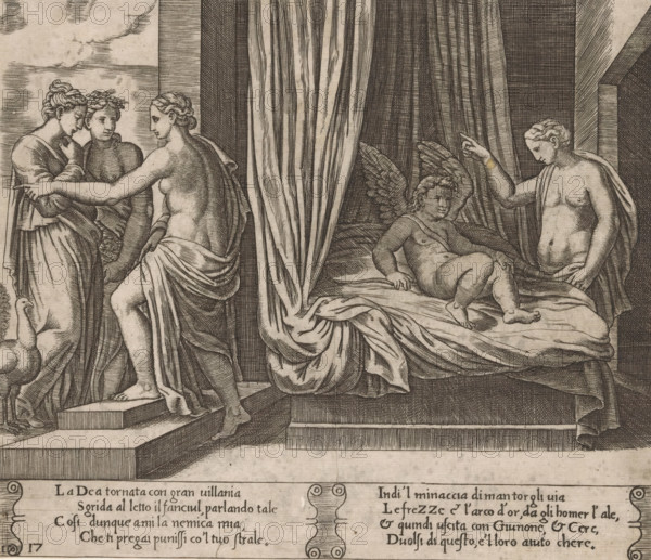 Venus punishes Cupid, Story of Cupid and Psyche, print, Series number, 17, 32, Venus punishes her son Cupid for his love of the king's daughter Psyche. On the left stands Psyche together with the goddesses Juno and Ceres. Italian text in two cartouches in the lower margin. Numbered twice lower left: 17., The Illustrated Bartsch 55, Bartsch 55-1(2), printmaker: Master of the Dice, Italy, after design by Michiel Coxie (I), c. 1530 - c. 1560, Master of the Dice, Michiel Coxie (I), printmaker, after design by, paper, engraving, intaglio printmaking technique, engraving with plate tone, height 195 mm x width 227 mm, A grayscale engraving showing a group of figures in a draped interior setting, with ornate curtains hanging centrally; on the left three standing women, two clothed and one partially draped, stand close together with one woman extending an arm toward the others and a small bird near their feet; on the right a reclining, winged child rests on a cushioned bed while a partly draped...