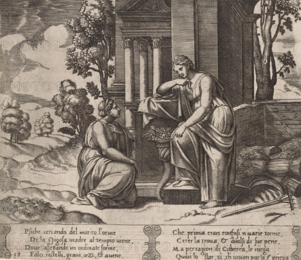 Ceres refuses help to Psyche, Story of Amor and Psyche, print, Series number, 19, 32, On the left the kneeling Psyche asking the goddess Ceres for help. On the right stands Ceres with a horn of plenty, scythe, rake and ears of corn. Italian text in two cartouches in the lower margin. Numbered twice lower left: 19., Bartsch 57-1(2), The Illustrated Bartsch 57, printmaker: Master of the Dice, Italy, after design by Michiel Coxie (I), c. 1530 - c. 1560, paper, engraving, intaglio printmaking technique, engraving with plate tone, height 196 mm x width 229 mm, A monochrome engraved scene shows two robed women on a stone portico with classical columns and an architectural backdrop; one woman is seated on a raised step, leaning forward with one arm resting on her knee and the other hand pointing toward a shallow dish of fruit on a small pedestal, while the other woman kneels on the ground facing her with one hand near her chest; trees and rolling hills appear in the background to the left and...