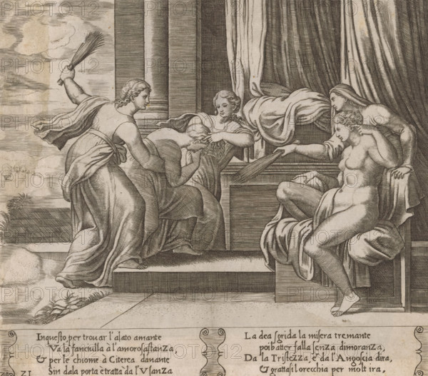 Psyche Punished by Sorrow and Pain, Story of Amor and Psyche, print, Series number, 21, 32, The personifications of sorrow and pain punish Psyche on the orders of the goddess Venus. Venus sits on a chair on the right and looks on. Italian text in two cartouches in the lower margin. Numbered twice lower left: 21., The Illustrated Bartsch 59, Bartsch 59-1(2), printmaker: Master of the Dice, Italy, after design by Michiel Coxie (I), c. 1530 - c. 1560, paper, engraving, intaglio printmaking technique, engraving with plate tone, height 200 mm x width 225 mm, A monochrome engraving shows a group of women on stone steps and a raised platform draped with heavy curtains, their clothing and hair rendered in fine lines and crosshatching. One woman stands at the left with a flowing robe and an arm raised holding a bundle of thin sticks, her other hand supporting a seated, bent figure whose head is tilted forward and hair is being held by another woman seated behind a low structure. To the right a ...