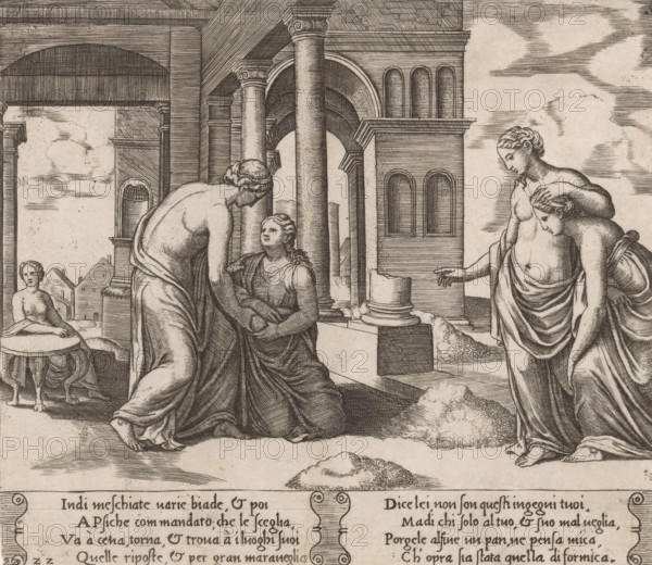 Venus instructs Psyche to sort grain, Story of Amor and Psyche, print, Series number, 22, 32, On the right, Venus points Psyche towards the mountains of grain that Psyche must sort. In the center, Venus and Psyche again. On the left, Venus sits watching from a table. Italian text in two cartouches in the lower margin. Numbered twice lower left: 22., printmaker: Master of the Dice, Italy, after design by Michiel Coxie (I), c. 1530 - c. 1560, paper, engraving, intaglio printmaking technique, engraving with plate tone, height 194 mm x width 223 mm, A detailed engraved scene showing classical architecture with tall fluted columns, arches, and a building facade with recessed niches; in the foreground several draped figures interact, including a standing figure leaning toward a seated woman who looks upward, a second standing figure lightly touching another's head while pointing with an outstretched arm, and a partially reclined figure near a round table; the figures wear flowing garments an...