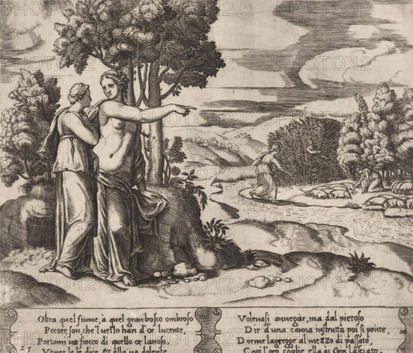 Psyche goes to look for the golden wool, Story of Amor and Psyche, print, Series number, 23, 32, Venus instructs Psyche to collect wool from a flock of sheep with a golden fleece. On the left, Venus points Psyche towards the sheep on the other side of a river. On the right, Psyche with the sheep and among the reeds that whispered advice to her on how to collect the wool. Italian text in two cartouches in the lower margin. Numbered twice lower left: 23., Bartsch 61-1(2), The Illustrated Bartsch 61, printmaker: Master of the Dice, Italy, after design by Michiel Coxie (I), c. 1530 - c. 1560, paper, engraving, intaglio printmaking technique, engraving with plate tone, height 196 mm x width 229 mm, Two standing women in draped garments are beside a tree, one facing forward with an outstretched arm pointing to the right and the other turned toward her with one hand near her chest; behind them a cluster of trees rises with detailed foliage. A winding stream runs from the foreground toward the...