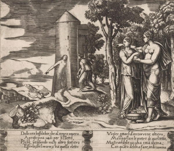 Psyche on her way to the Underworld, Story of Amor and Psyche, print, Series number, 24, 32, Venus instructs Psyche to descend into the Underworld and bring back a jar filled with the beauty of Proserpina, the queen of the Underworld. On the left, Psyche by the tower giving her advice. Italian text in two cartouches in the lower margin. Numbered lower left: 24., printmaker: Master of the Dice, Italy, after design by Michiel Coxie (I), c. 1530 - c. 1560, paper, engraving, intaglio printmaking technique, engraving with plate tone, height 197 mm x width 228 mm, A monochrome engraving shows a landscape with rocky ground, scattered plants, and a distant town, a tall cylindrical tower with a conical roof near the center, and trees with detailed foliage. In the foreground two draped female figures stand close together, one partially nude with a cloth over her shoulder and the other in a flowing garment holding a shallow bowl; a large ornate vessel rests at their feet. To the left a figure in ...