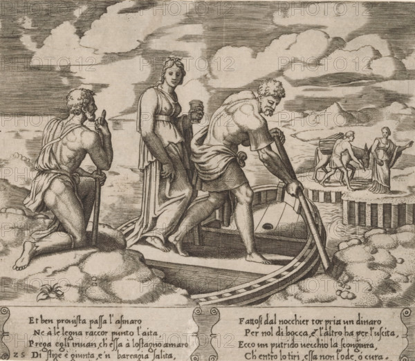 Psyche in Charon's Ferry, Story of Amor and Psyche, print, Series number, 25, 32, Psyche stands in the ferryman Charon's boat, which takes her to the other side of the River Styx. On the other side of the river lies the underworld, where Psyche encounters a man with a donkey. Italian text in two cartouches in the lower margin. Numbered twice lower left: 25., Bartsch 63-1(2), The Illustrated Bartsch 63, printmaker: Master of the Dice, Italy, after design by Michiel Coxie (I), c. 1530 - c. 1560, paper, engraving, intaglio printmaking technique, engraving with plate tone, height 195 mm x width 227 mm, A monochrome engraved scene shows three figures in the foreground near a small boat, with a kneeling bearded man on the left holding a staff and looking toward the center, a standing robed woman in the middle holding a cup and facing forward, and a muscular man on the right bent over the boat grasping an oar. The boat has visible planks and a curved hull, and water with ripples is around it....