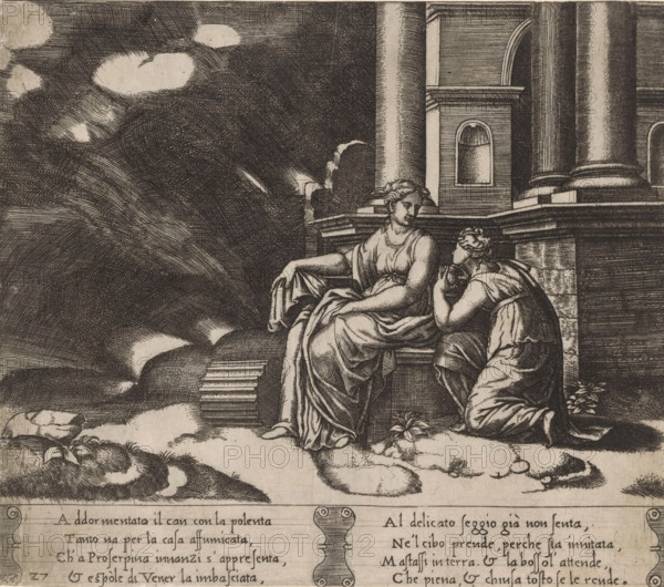 Psyche receives the jar with Proserpina's beauty, Story of Amor and Psyche, print, Series number, 27, 32, In the underworld, Psyche receives the jar filled with the beauty of Proserpina, the queen of the underworld. Italian text in two cartouches in the lower margin. Numbered twice lower left: 27., printmaker: Master of the Dice, Italy, after design by Michiel Coxie (I), c. 1530 - c. 1560, Master of the Dice, Michiel Coxie (I), printmaker, after design by, paper, engraving, intaglio printmaking technique, engraving with plate tone, height 199 mm x width 231 mm, A detailed black and white engraving shows two seated classical figures draped in flowing garments on stone steps beside a large architectural structure with tall fluted columns and an arched window. One figure reclines slightly with an arm resting on the steps and a calm facial expression, hair styled and wearing a sleeved robe, while the other kneels nearby, leaning forward with head resting on a hand and clothed in similar dr...