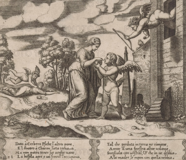 Psyche opens the jar with Proserpina's beauty, Story of Amor and Psyche, print, Series number, 28, 32, Seduced by the idea that it will make her more beautiful, Psyche opens the jar filled with the beauty of Proserpina, the goddess of the underworld. On the right, Amor escapes from the window of the palace in which Venus imprisoned him. On the left, the fallen Psyche awakens, after which Amor will take her away. Italian text in two cartouches in the lower margin. Numbered twice lower left: 28., printmaker: Master of the Dice, Italy, after design by Michiel Coxie (I), c. 1530 - c. 1560, Master of the Dice, Michiel Coxie (I), printmaker, after design by, paper, engraving, intaglio printmaking technique, engraving with plate tone, height 195 mm x width 227 mm, A detailed black and white engraving shows a barefoot woman in a flowing dress leaning toward a winged child who stands and holds her hands, the child carrying a quiver on the back; another winged child hovers near a building window...