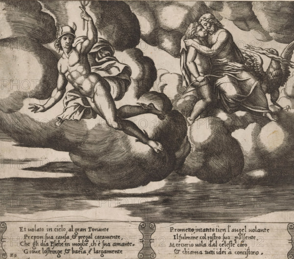Amor begs Jupiter, Story of Amor and Psyche, print, Series number, 29, 32, Amor begs Jupiter for mercy for the king's daughter Psyche. Right Amor in the arms of Jupiter, beside them the eagle and lightning bolt. Left Mercury, with caduceus in hand, to whom Jupiter commanded to take Psyche to heaven. Italian text in two cartouches in the lower margin. Numbered twice lower left: 29., printmaker: Master of the Dice, Italy, after design by Michiel Coxie (I), c. 1530 - c. 1560, Master of the Dice, Michiel Coxie (I), printmaker, after design by, paper, engraving, intaglio printmaking technique, engraving with plate tone, height 198 mm x width 230 mm, A monochrome engraving showing figures among large billowing clouds; on the left a nude male with a winged helmet and a cloak streams behind him as he leans forward with one arm extended and the other raised holding a small rod, his muscular torso and limbs visible as he floats on the clouds; on the right two figures are embracing on a cloud, on...
