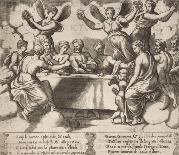 Wedding of Cupid and Psyche, Story of Cupid and Psyche, print, Series number, 31, 32, Banquet at the wedding of Cupid and Psyche. Around a long table sit Cupid and Psyche with a number of other gods. To the right sits Hercules on his lion skin. Behind the table three Horae (goddesses of the seasons) with butterfly wings. Italian text in two cartouches in the lower margin. Numbered twice lower left: 31., Bartsch 69-1(2), The Illustrated Bartsch 69, printmaker: Master of the Dice, Italy, after design by Michiel Coxie (I), c. 1530 - c. 1560, paper, engraving, intaglio printmaking technique, engraving with plate tone, height 194 mm x width 225 mm, A sepia-toned engraving showing a group of classical figures gathered around a rectangular table draped with a cloth, with several robed and semi-nude adults seated and standing close together, some reaching toward one another and touching arms and shoulders. Above and behind the seated group float winged female figures holding small bouquets, th...
