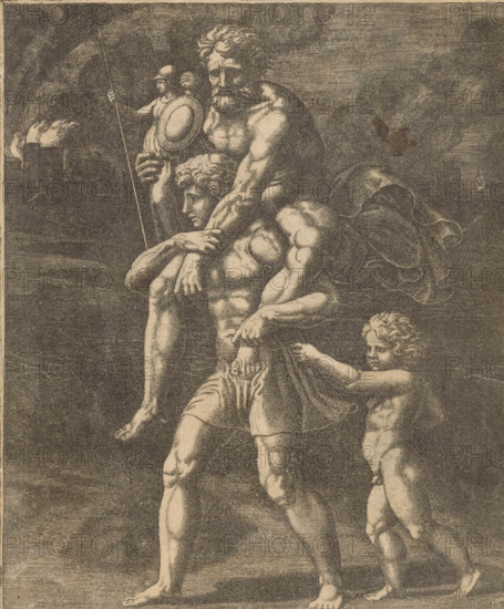 Aeneas and his family flee from Troy, print, Aeneas walks with his father Anchises on his back. In his right hand, Anchises carries the household gods (Penates). Behind Aeneas walks his son Ascanius. In the background, burning Troy., number: '69', printmaker: Master of the Dice, Italy, after design by Raphael, c. 1530 - c. 1560, paper, engraving, intaglio printmaking technique, engraving with plate tone, proof print, height 255 mm x width 189 mm, 'Pius Aeneas': Aeneas, leading Ascanius, escapes from burning Troy, carrying his father Anchises with the Penates, his wife Creusa, who sets out with them, is lost on the way, A monochrome engraving showing three muscular male figures in a vertical arrangement, the largest at the center carrying another adult on his shoulders while a child stands beside them holding onto a draped cloth; the central figure has curly hair and a beard and wears a short skirt, the carried figure appears to be supported under the arms and holds a round shield and l...