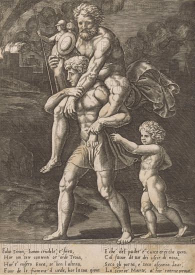 Aeneas and his family flee from Troy, print, Aeneas walks with his father Anchises on his back. In his right hand, Anchises carries the household gods (Penates). Behind Aeneas walks his son Ascanius. In the background, burning Troy. Italian text in two columns in the bottom margin., printmaker: Master of the Dice, Italy, after design by Raphael, c. 1530 - c. 1560, paper, engraving, intaglio printmaking technique, engraving with plate tone, height 251 mm x width 182 mm, 'Pius Aeneas': Aeneas, leading Ascanius, escapes from burning Troy, carrying his father Anchises with the Penates, his wife Creusa, who sets out with them, is lost on the way, A detailed engraving shows a muscular naked man carrying an older bearded man on his shoulders, the older man's arms wrapped around the carrier's head and chest while his legs hang down. A small nude child walks beside them, holding the edge of a cloth draped around the carrier's waist. In the background a helmeted figure stands holding a long spea...
