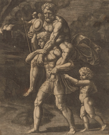 Aeneas and his family flee from Troy, print, Aeneas walks with his father Anchises on his back. In his right hand, Anchises carries the household gods (Penates). Behind Aeneas walks his son Ascanius. In the background, burning Troy. Italian text in two columns in the bottom margin., printmaker: Master of the Dice, Italy, after design by Raphael, c. 1530 - c. 1560, paper, engraving, intaglio printmaking technique, engraving with plate tone, height 226 mm x width 183 mm, 'Pius Aeneas': Aeneas, leading Ascanius, escapes from burning Troy, carrying his father Anchises with the Penates, his wife Creusa, who sets out with them, is lost on the way, A monochrome engraving shows three nude or partially draped male figures in a classical style. A large bearded man sits on the shoulders of a muscular young man who stands and supports him with one arm around the youth's chest and one hand resting on the youth's head. The seated man's drapery billows behind him. A small child stands beside them, ho...