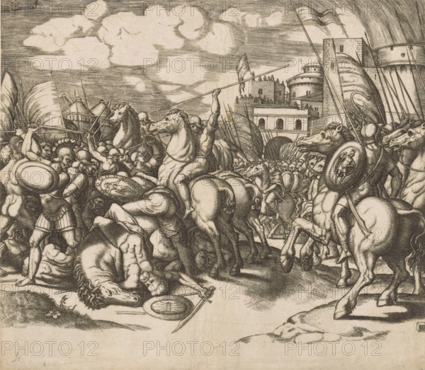 Victory of Scipio over King Syphax, print, A battle with soldiers on foot and on horseback. On the right in the background the walls of a city from which people are watching., printmaker: Master of the Dice, Italy, after design by Raphael, c. 1530 - c. 1560, paper, engraving, intaglio printmaking technique, engraving with plate tone, proof print, height 214 mm x width 245 mm, battle, (story of) P. Cornelius Scipio Africanus Major, A densely packed monochrome scene shows armored soldiers and horses engaged in combat in front of a city gate with arched entrances and multi-story towers; warriors wield spears, swords, and shields, some shields bearing circular decorations, while several horses rear and strain amid the clash; fallen figures and horses lie on the ground in the foreground with discarded weapons nearby, and a group of soldiers crowd beneath raised standards and banners; above the scene clouds streak the sky and figures stand atop the city walls observing the fighting.