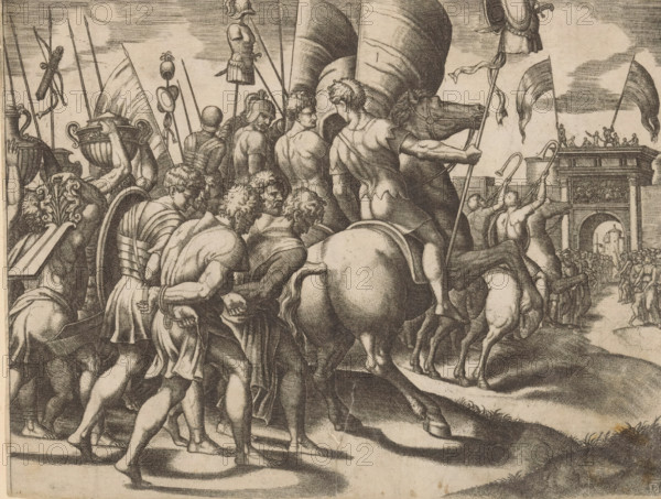 Triumph of Scipio, print, Triumphal procession of Scipio Africanus in Rome after his victory over the Carthaginian army. Behind the victors on horseback walk the chained vanquished. On the right a triumphal arch., printmaker: Master of the Dice, Italy, after design by Raphael, c. 1530 - c. 1560, paper, engraving, intaglio printmaking technique, engraving with plate tone, height 192 mm x width 246 mm, triumphal arch, A detailed monochrome engraving shows a crowded scene of soldiers and horsemen moving toward a city gate. In the foreground, a group of mostly bare-legged figures walk with their hands bound behind their backs, their heads bowed and garments draped over their shoulders. Intermixed are armored men and helmeted soldiers carrying long spears and standards, along with attendants bearing large ornate vessels and decorative elements. Several horses are ridden by muscular riders holding banners and long poles, the animals shown from behind and in profile. In the background a trium...