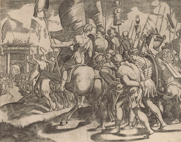 Triumph of Scipio, print, Triumphal procession of Scipio Africanus in Rome after his victory over the Carthaginian army. Behind the victors on horseback walk the chained vanquished. On the left a triumphal arch., after print by Master of the Dice, Italy, in or after c. 1530 - in or after c. 1560, Master of the Dice, printmaker, after print by, paper, engraving, intaglio printmaking technique, engraving with plate tone, height 194 mm x width 246 mm, triumphal arch, A detailed black and white engraving shows a crowded scene of figures and horses moving toward a distant arched gateway, with muscular men in various poses, some bareback or partially draped, others wearing armor and helmets, and several carrying long standards, shields, and large urns held aloft. The foreground is dominated by the rounded haunches of horses and the backs and limbs of men striding over uneven, textured ground. Middle ground figures include a group of soldiers with spears and helmets, a man holding a staff wit...