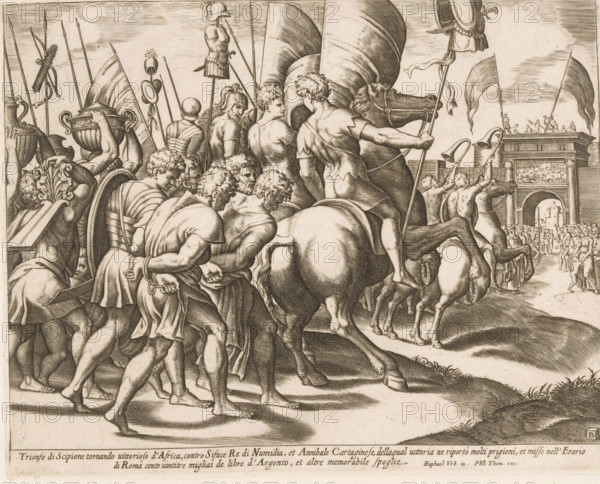 Triumph of Scipio, print, Triumphal procession of Scipio Africanus in Rome after his victory over the Carthaginian army. Behind the victors on horseback walk the chained vanquished. On the right a triumphal arch. Two lines of Italian text in the lower margin., printmaker: Master of the Dice, Italy, after design by Raphael, publisher: Philippe Thomassin, c. 1530 - c. 1560, paper, engraving, intaglio printmaking technique, engraving with plate tone, height 201 mm x width 252 mm, triumphal arch, A densely packed scene of figures rendered in fine line work, showing men in classical dress walking and riding toward a large triumphal arch in the distance; soldiers carry long spears and standards, some wear helmets and body armor, others have short tunics and cloaks, and several are barefoot; a column of horses with riders is prominent in the foreground, one rider holding a long staff, and nearby men carry large decorative vessels and shields; architectural details include a decorated archway ...