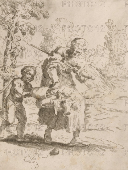 Old woman with a boy on a walk, print, Old woman, with a spinning wheel and two filled baskets, walks through a landscape with a boy. A ball of wool lies in the foreground., Italy, 1650 - 1749, printmaker, paper, etching, intaglio printmaking technique, etching with plate tone, height 246 mm x width 185 mm, landscapes, wool (material, textile industry), walking, distaff, A sepia-toned line drawing of two figures walking outdoors beside water, one figure in front wearing a skirted garment and holding a long stick across their shoulder with fabric draped over it, the other figure behind carrying a wrapped bundle and bending slightly forward; both wear simple shoes and have short, curly hair. The background shows stylized trees with clustered foliage and a shoreline with gentle waves, and a rounded rock or ball lies on the ground near the foreground. The image is composed of fine hatch and contour lines with areas of crosshatching for shading.