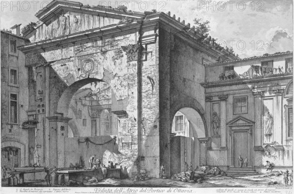 Porticus of Octavia in Rome, Veduta dell'Atrio del Portico di Ottavia, Views of Rome, Vedute di Roma disegnate ed incise da Giambattista Piranesi architetto Ve(nez)iano, print, View of the remains of the Porticus of Octavia in Rome. Title and list with explanatory numbers in bottom margin., printmaker: Giovanni Battista Piranesi, Rome, after design by Giovanni Battista Piranesi, 1748 - 1778, Giovanni Battista Piranesi, printmaker, paper, etching, height 399 mm x width 597 mm, This print is part of the series 'Vedute di Roma'. Piranesi worked on this series of 135 plates between 1748 and his death in 1778. Francesco Piranesi later added two more prints to his father's series: ruin of a building, architecture, landscape with ruins, city-view, and landscape with man-made constructions, Porticus of Octavia., A detailed black and white architectural engraving shows a large classical ruin with tall stone walls, arches, and ornate pediments. The central focus is a massive archway with texture...