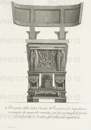 Office seat, Vases, candlesticks, gravestones, sarcophagi, tripods, lamps and ornaments designed and engraved by Giovanni Battista Piranesi, Vasi, candelabri, cippi, sarcofagi, tripodi, lucerne, ed ornamenti antichi disegn. ed incisi dal cav. Gio. Batta Piranesi, print, Sheet with two depictions of an ornamental chair (office seat) with dogs as legs. Two front views of the same chair. Left: a footstool stands in front of the chair. Below both images an explanatory list with letters., printmaker: Giovanni Battista Piranesi, Rome, 1778, paper, etching, print of two plates on an uncut sheet, height 390 mm x width 260 mm x height 390 mm x width 257 mm, The 'Vasi' series comprises 110 prints, distributed over two volumes, each with its own title print. Piranesi was assisted for this series by various assistants from his workshop, including his son Francesco, who also added 8 plates to the series in 1779-1780., chair, A vertical engravings-style illustration of an ornate chair or throne frag...