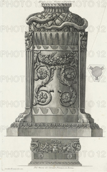 Tripod with ouroborus and vase with putti, Vases, candlesticks, gravestones, sarcophagi, tripods, lamps and ornaments designed and engraved by Giovanni Battista Piranesi, Vasi, candelabri, cippi, sarcofagi, tripodi, lucerne, ed ornamenti antichi disegn. ed incisi dal cav. Gio. Batta Piranesi, print, Sheet with two depictions of an antique tripod and a vase. Left: an antique tripod with an ouroborus, masks and a garland. Right: a top view. Text above and below the depiction. Right: an antique vase with putti and garlands. Text and explanatory letters above the depiction. Dedication in lower margin., printmaker: Giovanni Battista Piranesi, Rome, dedicated to: Winefred Constable, 1778, paper, etching, print of two plates on an uncut sheet, height 391 mm x width 247 mm x height 390 mm x width 259 mm, The 'Vasi' series comprises 110 prints, distributed over two volumes, each with its own title print. Piranesi was assisted for this series by various assistants from his workshop, including hi...