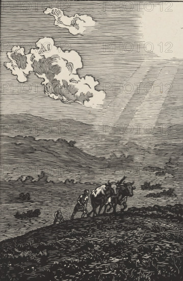 Les Boeufs (original title), print, Plowing cattle., printmaker: Paul-Emile Colin (signed by artist), publisher: Gazette des Beaux-Arts, Paris, 1913, paper, woodcut, height 272mm x width 228mm, A black and white line drawing showing a wide landscape with rolling hills and layered horizontal lines filling the sky and distant ground, a large billowing cloud near the top with detailed curved hatching, a bright circular area at upper right suggested by lighter lines and rays, and in the lower middle foreground two oxen yoked together being guided by a standing figure while another small figure sits nearby, all rendered with dense linear textures and contrasts.
