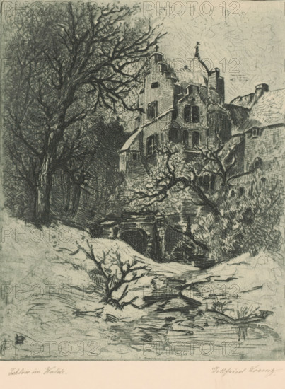 Schloss im Walde (original title), print, View of a castle in a snowy forest., printmaker: Gottfried Lorenz (signed by artist), 1870 - 1928, paper, etching, drypoint, aquatint, intaglio printmaking technique, drypoint and aquatint with plate tone, print in blue, height 232 mm x width 187 mm, forest, wood, snow, castle, A detailed monochrome sketch of a tall, multi-level house with steep, irregular roofs and shuttered windows set amid dense trees and foliage, showing bare twisted branches in the foreground and a large gnarled tree to the left; a stone archway leads beneath the house, and a winding stream or path runs toward the bottom of the image with reflected lines and scattered low vegetation; dense cross-hatching and varied line work form textured shadows on the building, trees, and ground, and the sky area is filled with light, sketchy strokes.