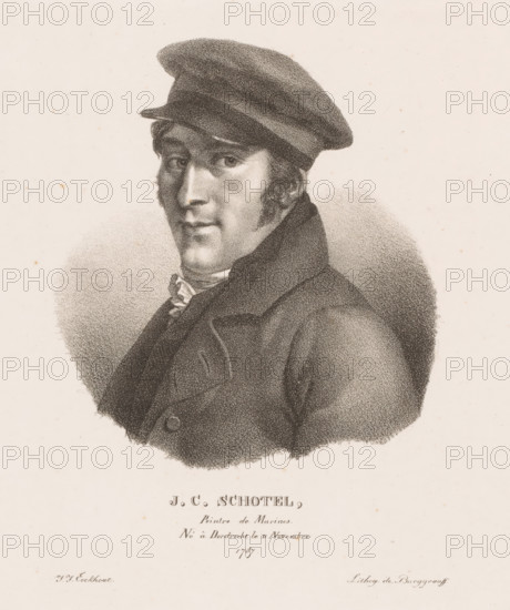 JC Schotel, Portrait of Johannes Christiaan Schotel, Portraits of modern artists born in the United Kingdom of the Netherlands, Portraits of contemporary artists from the United Kingdom of the Netherlands, print, printmaker: Guillaume Philidor Van den Burggraaff, after design by Jacob Joseph Eeckhout, Brussels, 1822, printer (person), paper, lithography, height 305 mm x width 239 mm, Print is part of a series of sixty prints., Person, Johannes Christiaan Schotel, historical persons, portrait, self-portrait of painter, A monochrome portrait shows a man turned slightly to one side, wearing a dark coat with a high collar and a soft cap with a short brim; his face is rendered with shading and stippling, featuring short sideburns, visible eyes looking toward the viewer, a straight nose, and closed lips; a softly shaded circular background surrounds his head and shoulders, and the image sits on a pale, lightly speckled paper.