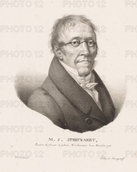 Portrait of Michel-Joseph Speeckaert, MJ Speeckaert, Portraits des artistes modernes nés dans le Royaume des Pays-Bas, Portraits of contemporary artists from the United Kingdom of the Netherlands, print, printmaker: Guillaume Philidor Van den Burggraaff, after design by Jacob Joseph Eeckhout, Brussels, 1822, printer (person), paper, lithography, height 300 mm x width 235 mm, Print is part of a series of sixty prints., Person, Michel-Joseph Speeckaert, historical persons, portrait, self-portrait or painter, A monochrome portrait drawing of an older man shown from the chest up, facing slightly to the viewer's left, with thin hair and round eyeglasses, wearing a high-collared shirt with a cravat and a dark coat with wide lapels and a visible button, rendered with fine stippling and shading on a pale background with small scattered spots.