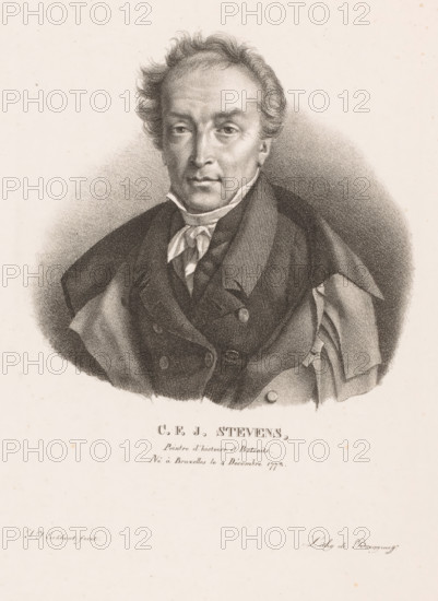 Portrait of CFJ Stevens, CFJ Stevens, Portraits of contemporary artists from the United Kingdom of the Netherlands, Portraits des modern artists from the Royaume des Pays-Bas, print, printmaker: Guillaume Philidor Van den Burggraaff, after design by Jacob Joseph Eeckhout, Brussels, 1822, printer (person), paper, lithography, height 306 mm x width 231 mm, Print is part of a series of sixty prints., Person, historical persons, portrait, self-portrait of painter, A sepia-toned portrait drawing of a middle-aged man shown from the chest up, with wavy hair that recedes slightly at the temples and a contemplative facial expression, wearing a high-collared shirt with a tied neckcloth and a dark double-breasted coat with wide lapels and a draped cloak over one shoulder, the figure set against a softly shaded oval background on a light paper surface.