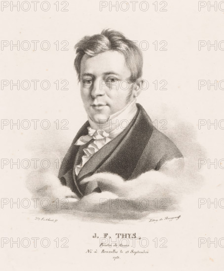 JF Thys, Portrait of Jean-François Thys, Portraits des modern artists from the Royaume des Pays-Bas, Portraits of contemporary artists from the United Kingdom of the Netherlands, print, printmaker: Guillaume Philidor Van den Burggraaff, after design by Jacob Joseph Eeckhout, Brussels, 1822, printer (person), paper, lithography, height 311 mm x width 230 mm, Print is part of a series of sixty prints., Person, Jean-François Thys, historical persons, portrait, Self-portrait of a painter, A monochrome portrait drawing of a man shown from the chest upward, with short wavy hair and sideburns, wearing a high-collared shirt with layered ruffles and a dark coat, his face turned slightly toward the viewer with a neutral expression; soft shaded clouds or mist surround his lower torso and shoulders, and the background is a pale, lightly speckled paper.