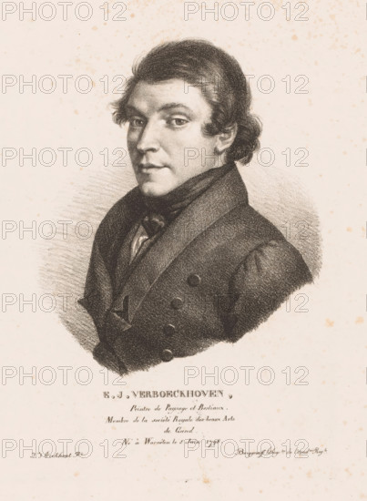 Portrait of Eugène Verboeckhoven, EJ Verboeckhoven, Portraits of contemporary artists from the United Kingdom of the Netherlands, Portraits of modern artists from the Royaume des Pays-Bas, print, printmaker: Guillaume Philidor Van den Burggraaff, after design by Jacob Joseph Eeckhout, Brussels, 1822, printer (person), paper, lithography, height 306 mm x width 230 mm, Print is part of a series of sixty prints., Person, Eugène Verboeckhoven, historical persons, portrait, Self-portrait of a painter, A monochrome portrait drawing of a young man shown from the chest up and turned slightly to his right, with short wavy hair brushed back, a composed facial expression, and eyes looking toward the viewer; he wears a high-collared coat with broad lapels and visible buttons, and a cravat or neckcloth at the throat; the background is a pale textured paper with scattered small spots and light shading around the figure.