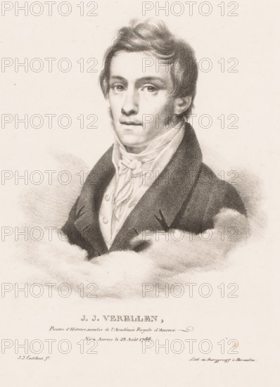 Portrait of Jean Joseph Verellen, JJ Verellen, Portraits of contemporary artists from the United Kingdom of the Netherlands, Portraits of modern artists from the Royaume des Pays-Bas, print, printmaker: Guillaume Philidor Van den Burggraaff, after design by Jacob Joseph Eeckhout, Brussels, 1822, printer (person), paper, lithography, height 301 mm x width 221 mm, Print is part of a series of sixty prints., Person, Jean Joseph Verellen, historical persons, portrait, self-portrait of painter, A monochrome portrait drawing of a young man shown from the chest up, facing slightly toward his left with a neutral expression and short wavy hair, wearing a high-collared shirt with a tied cravat and a dark coat, the lower part of the image softened into cloud-like shading around his shoulders, with a plain light background.