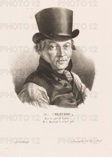 Portrait of Michiel Versteegh, M. Versteeg, Portraits of contemporary artists from the United Kingdom of the Netherlands, Portraits of modern artists from the Royaume des Pays-Bas, print, printmaker: Guillaume Philidor Van den Burggraaff, after design by Jacob Joseph Eeckhout, Brussels, 1822, printer (person), paper, lithography, height 309 mm x width 236 mm, Print is part of a series of sixty prints., Person, Michiel Versteegh, historical persons, portrait, self-portrait of painter, A black and white portrait drawing of a man shown from the chest upward wearing a tall top hat and a high-collared dark coat over a light-colored shirt, his face turned slightly toward the viewer with a neutral expression, short wavy hair visible at the sides, and a softly shaded background surrounding his head and shoulders.