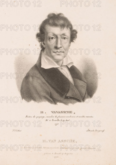 H. Vanassche, Portrait of Henri van Assche, Portraits of contemporary artists from the United Kingdom of the Netherlands, Portraits of modern artists born in the Kingdom of the Netherlands, print, printmaker: Guillaume Philidor Van den Burggraaff, after design by Jacob Joseph Eeckhout, Brussels, 1822, printer (person), paper, lithography, height 294 mm x width 229 mm, Print is part of a series of sixty prints., Person, Henri van Assche, historical persons, portrait, self-portrait of painter, A monochrome lithographic portrait of a man shown from the chest up, facing forward with a neutral expression; he has wavy dark hair, pronounced cheekbones, and slightly arched eyebrows, and his eyes look straight ahead. He wears a high-collared white shirt with a dark coat that has broad lapels and a folded front. The portrait is rendered with stippled shading against a pale background that shows subtle speckling and small spots. Below the portrait there is a wide blank area with faint printed lin...