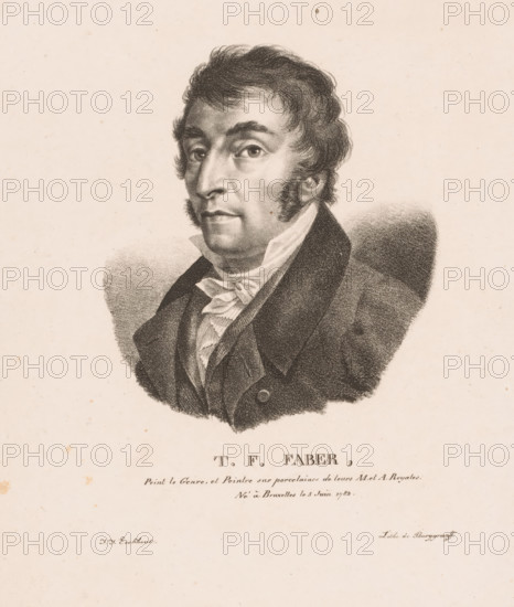 Portrait of Frédéric Théodore Faber, TF Faber, Portraits of contemporary artists from the United Kingdom of the Netherlands, Portraits des modern artists from the Royaume des Pays-Bas, print, printmaker: Guillaume Philidor Van den Burggraaff, after design by Jacob Joseph Eeckhout, Brussels, 1822, printer (person), paper, lithography, height 311 mm x width 243 mm, Print is part of a series of sixty prints., Person, Frédéric Théodore Faber, historical persons, portrait, self-portrait or painter, A monochrome engraved portrait of a man shown from the chest up, facing slightly to the viewer's left, with wavy dark hair and sideburns, wearing a high-collared shirt with a cravat and a dark coat; the background is plain and lightly speckled, and printed text appears below the portrait.