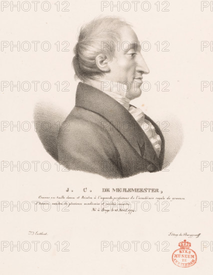 Portrait of Jozef Karel De Meulemeester, JC De Meulemeester, Portraits of contemporary artists from the United Kingdom of the Netherlands, Portraits des artistes modernes nés dans le Royaume des Pays-Bas, print, printmaker: Guillaume Philidor Van den Burggraaff, after design by Jacob Joseph Eeckhout, Brussels, 1822, printer (person), paper, lithography, lithografie, height 313 mm x width 242 mm, Print is part of a series of sixty prints., Person, Jozef Karel De Meulemeester, historical persons, portrait, self-portrait or painter, A sepia-toned portrait drawing of a man in profile facing right, showing his head, neck, and upper torso. He has short, swept-back hair tied or gathered at the back, a pronounced nose, and a visible ear. He wears a high-collared shirt with a ruffled front and a dark coat with a wide lapel. The shading around the figure creates a soft oval background. The image is centered on a pale paper with faint spots and a circular stamped mark near the lower right. There ...