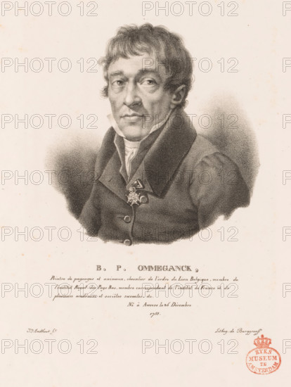 BP Ommeganck, Portrait of Balthasar Paul Ommeganck, Portraits of contemporary artists from the United Kingdom of the Netherlands, Portraits des artistes modernes nés dans le Royaume des Pays-Bas, print, printmaker: Guillaume Philidor Van den Burggraaff, after design by Jacob Joseph Eeckhout, Brussels, 1822, printer (person), paper, lithography, height 307 mm x width 240 mm, Print is part of a series of sixty prints., Person, Balthasar Paul Ommeganck, historical persons, portrait, Self-portrait of a painter, A monochrome portrait drawing of a man shown from the chest up wearing a dark coat with a high collar and a light-colored cravat, his face rendered with detailed shading showing short wavy hair, arched eyebrows, and a neutral expression with slightly downturned lips; a decorative medal with a star-shaped pendant is visible on his coat; the portrait is centered on a plain background with soft shaded areas around the shoulders, and below the image there is a block of printed text and ...