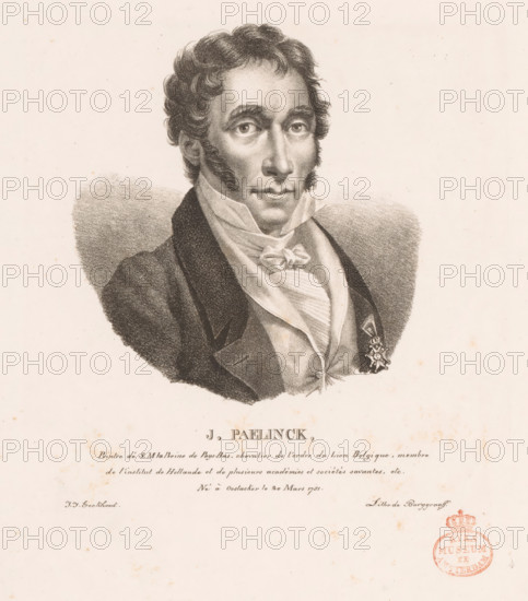 Portrait of Joseph Paelinck, J. Paelinck, Portraits des artistes modernes nés dans le Royaume des Pays-Bas, Portraits of contemporary artists from the United Kingdom of the Netherlands, print, printmaker: Guillaume Philidor Van den Burggraaff, after design by Jacob Joseph Eeckhout, Brussels, 1822, printer (person), paper, lithography, height 312 mm x width 244 mm, Print is part of a series of sixty prints., Person, Joseph Paelinck, historical persons, portrait, self-portrait of painter, A sepia-toned portrait sketch of a man shown from the chest up, facing forward with a neutral expression; he has wavy hair, sideburns, and large eyes, and he wears a high-collared shirt with a cravat and a dark coat with a decorated medallion on the left lapel, all set against a plain, lightly speckled background.