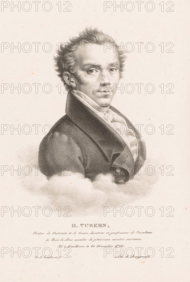 H. Turken, Portrait of Henricus Turken, Portraits of contemporary artists from the United Kingdom of the Netherlands, Portraits des artistes modernes nés dans le Royaume des Pays-Bas, print, printmaker: Guillaume Philidor Van den Burggraaff, after design by Jacob Joseph Eeckhout, Brussels, 1822, printer (person), paper, lithography, lithografie, height 310 mm x width 246 mm, Print is part of a series of sixty prints., Person, Henricus Turken, historical persons, portrait, self-portrait of painter, A sepia-toned portrait drawing of a man shown from the chest up wearing a dark coat with a high collar and a light ruffled shirt visible at the neck, his hair is short and tousled, his face turned slightly toward the viewer with a neutral expression, soft shading creates cloud-like forms around his shoulders and lower chest against a pale background.