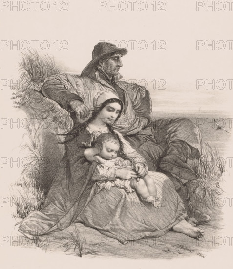 Fisherman family from Blankenberge resting in the dunes, Famille de pêcheurs de Blankenbergh, print, printmaker: Louis Gallait, printer (person): Simonau & Toovey, Brussels, 1848, printer (person), paper, chine collé, lithography, height 424 mm x width 270 mm, dune coast, fisherman, parents with their children, resting - BB - out of doors, Blankenberge, A charcoal or pencil drawing shows a seated family group on grassy ground near water; a man wearing a wide-brimmed hat and heavy coat reclines against a grassy bank with one arm resting behind a woman, his face in profile and his gaze outward, while the woman, wearing a bonnet and a dark dress with a shawl, sits slightly forward with her head tilted down and braided hair visible, holding a sleeping infant in her lap whose limbs are relaxed and who wears a loose garment; the scene includes textured grass and bundled clothing, with the shoreline and a small bird in flight visible in the background.