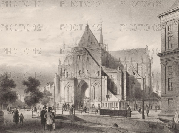 The Nieuwe Kerk, L'Église Neuve, View of the Nieuwe Kerk in Amsterdam, Amsterdam, New views of Amsterdam and surroundings, drawn from nature by C. Springer and other painters, Views of Amsterdam after Cornelis Springer and other artists, print, printmaker: Théodore Fourmois, after design by Cornelis Springer, publisher: Buffa en Zonen, French, c. 1850, Théodore Fourmois, Cornelis Springer, Buffa en Zonen, printmaker, after design by, publisher, paper, chine collé, lithography, height 280 mm x width 360 mm, church (exterior), city-view in general, 'veduta' (city(-scape) with figures, staffage), Nieuwe Kerk (Amsterdam), A wide street scene shows a large Gothic-style stone building with pointed arches, tall narrow windows, buttresses, and a steeply pitched roof with a central tower and spire. People in period clothing walk and stand in small groups along the street and near the building entrance, some wearing top hats and long coats, others in dresses and bonnets. Horse-drawn carts and ca...