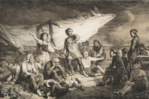 The shroud, Devil over a group of dying people, print, A devil covers a group of people with a white shroud., printmaker: Johan Bernhard Wittkamp, printer (person): P. Blommers (Steendrukkerij van), The Hague, publisher: JJ van Brederode, 1847 - 1883, printer (person), paper, tone lithography, tone lithography with planing technique in black with tone block in beige, height 192 mm x width 264 mm, devil(s) and demons, death of human being, A large group of people is gathered on a rough shoreline, drawn in dark and light charcoal tones. In the center a standing man gestures with one hand to his chest while another figure reclines on a plank nearby. To the left a woman raises an arm and looks outward beside another standing figure, and several seated and reclining figures cluster around them with varied expressions and postures. A sheet or sail is stretched behind the central figures, catching light and creating contrast with a dark sky. On the right, a man in a cap stands while others si...