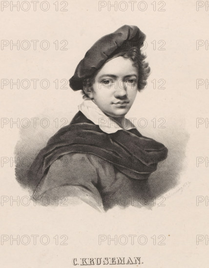 Portrait of Cornelis Kruseman, C. Kruseman, print, watermark: 'JW', printmaker: L. van de Wildenberg, printer (person): Antoine Dewasme-Plétinckx, Brussels, 1829, printer (person), paper, chine collé, lithography, lithografie, height 553 mm x width 367 mm, Person, Cornelis Kruseman, historical persons, portrait, self-portrait of artist, head-gear: beret, A monochrome portrait of a young person shown from the chest up, wearing a soft beret tilted to one side and a voluminous scarf draped around the shoulders, with curly hair peeking from beneath the hat and framing a smooth, youthful face with neutral expression and direct gaze.