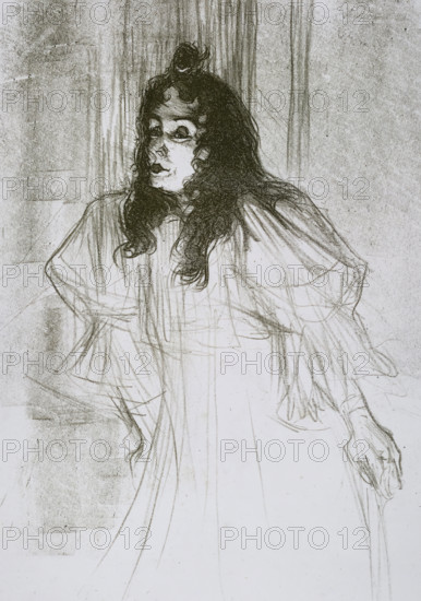 Miss May Belfort (original title), Portrait of May Belfort (May Egan) with two figures and a piano, print, printmaker: Henri de Toulouse-Lautrec (signed by artist), France, publisher: La Revue blanche, Paris, 1895, paper, tone lithography, tone lithography in dark green and black with tone block in beige and planing technique, height 538 mm x width 418 mm, Person, May Belfort, historical persons, portrait of a musician, A monochrome pencil sketch of a woman shown from mid-torso upward, with long dark wavy hair cascading over her shoulders and a small topknot at the crown, a softly shaded face with large eyes and a slightly open mouth, wearing a loose flowing garment with wide sleeves rendered in light, sketchy lines, the background filled with vertical shading and faint rectangular shapes.