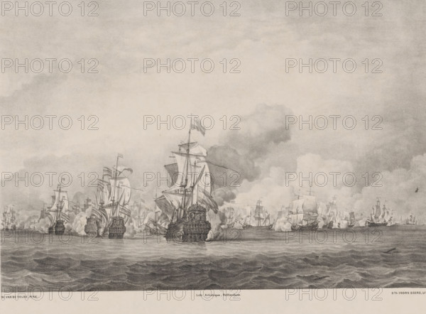 Battle of Solebay, print, The battle of Solebay on June 7, 1672 between the Dutch fleet under Michiel Adriaenszoon de Ruyter and the English-French fleet under the Duke of York and Vice-Admiral Jean II d'Estrees., printmaker: Sebastiaan Theodorus Voorn Boers, Netherlands, after painting by Willem van de Velde, printer (person): Lithographie Artistique, Rotterdam, 1838 - 1893, Sebastiaan Theodorus Voorn Boers, Willem van de Velde, Lithographie Artistique, printmaker, after painting by, printer (person), paper, lithography, height 491 mm x width 664 mm, Person, Michiel Adriaenszoon de Ruyter, Jean II Count d' Estrées, battle (naval force), A wide seascape drawn in monochrome shows numerous sailing ships on rippling water, their tall masts and furled and unfurled sails filling the middle ground, with decorative sterns and rigging visible; many ships are clustered closely together, some emitting plumes of smoke around their hulls, and flags fly atop several masts; the sky above is filled w...