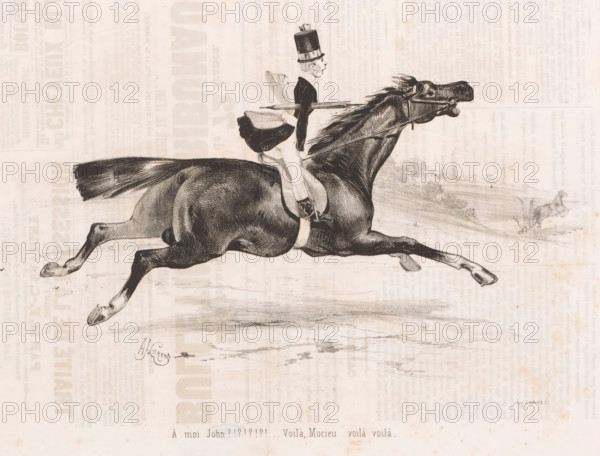 Young Man on a Galloping Horse, Small joys of horse riding, Les petits bonheurs de l'équitation, cartoon, printmaker: Alcide Joseph Lorentz, printer (person): Aubert & Cie., Paris, publisher: Bauger (possibly), 1843-01-23, Alcide Joseph Lorentz, Aubert & Cie., Bauger, printmaker, printer (person), publisher, paper, lithography, letterpress printing, lithography with letterpress text on verso, height 241 mm x width 365 mm, A black ink drawing of a man riding a galloping horse across a pale, textured background that shows faint printed patterns. The horse is depicted in full stride with legs extended, a flowing mane and tail, visible tack including a bridle and a saddle, and detailed shading on its musculature. The rider sits upright wearing a dark coat, light trousers, tall boots, and a tall top hat, holding the reins and a riding crop. In the distant background a smaller sketch of another horse and rider appears near a faint landscape suggestion. The image has an artist signature near ...