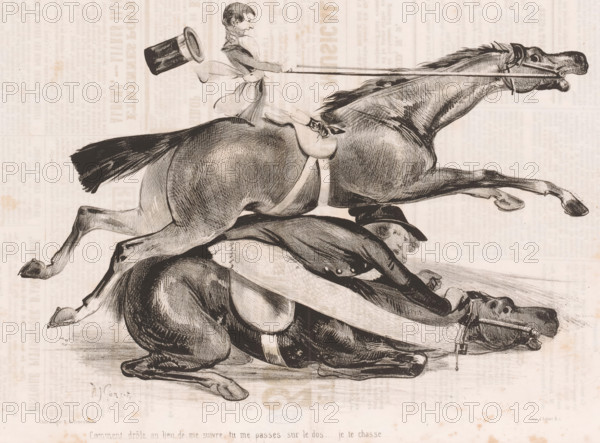 Jeune groom qui n'a pas la force de retenir son cheval, Young man loses control of his horse, Small joys of horse riding, Les petits bonheurs de l'équitation, cartoon, printmaker: Alcide Joseph Lorentz, printer (person): Aubert & Cie., Paris, publisher: Bauger, 1842-12-07, printer (person), paper, lithography, letterpress printing, lithography with letterpress text on verso, height 242 mm x width 363 mm, A monochrome drawing showing two horses in motion, one positioned above the other, with detailed shading on their muscles and manes, the upper horse galloping with its head stretched forward and mouth open, the lower horse appearing to tumble with legs bent and head down; a rider wearing a dress-like garment and boots sits on the back of the upper horse, leaning forward and holding reins, while a top hat floats behind the rider; the scene is set against a pale, textured background that resembles faded paper.