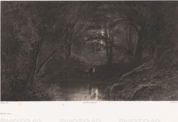 Two figures by a moonlit pond in the forest, Morestel (Isère), print, Series number, 151, printmaker: Eugène Leroux, after painting by Adolphe Appian, printer (person): Victor Jacques Bertauts, Paris, 1856 - 1857, printer (person), paper, chine collé, chalk lithograph, chalk lithography with planing technique, height 313 mm x width 446 mm, Print used for: Les Artistes anciens et moderns, vol. 4, vol. 7, 1856-1857., moonlight, pond, pool (landscape with figures, staffage), forest, wood (landscape with figures, Morestel, A dark, densely shaded woodland scene with tall trees and thick undergrowth forming a canopy that frames a small clearing and reflective pool in the foreground, a lone figure standing near the water with a dog at their side, faint light filtering through the trees and casting subtle reflections on the water, textured foliage and twisted branches filling the surrounding space and a lighter sky barely visible through the treetops.