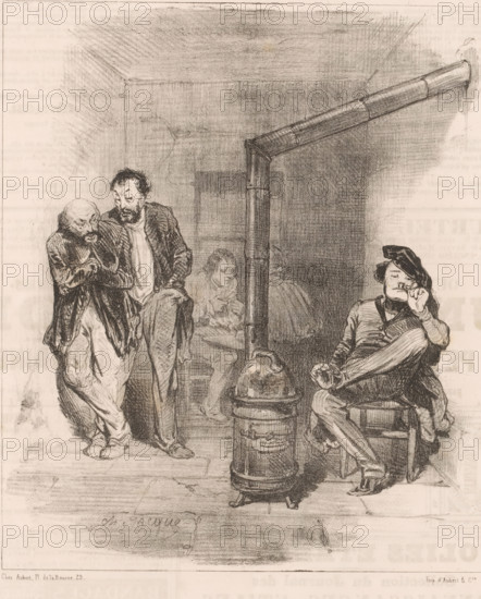 Two criminals talk about a third man, Pourquoi donc qu'y fait tant sa tête, celui-là?, Vanity of vanities, Vanité des Vanités! Tout n'est que vanité!, cartoon, print, Series number, 6, 10, printmaker: Charles Emile Jacque, printer (person): Aubert & Cie., Paris, 1843, printer (person), paper, lithography, height 363 mm x width 246 mm, Print used for: Le Charivari, 1843., heating stove, criminals, whispering, A pencil or charcoal drawing of an interior scene showing a cylindrical stove with a vertical pipe rising and angling toward the upper right, two men standing to the left in worn clothing with one hunched and clutching his coat while the other leans close and looks down, a seated figure to the right reclining on a stool with legs crossed and one hand near the mouth, and two faintly sketched figures in the background around a table.